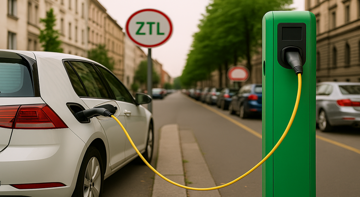 Transizione auto elettrica e diritti dei cittadini Auto elettrica alla ricarica, simbolo della transizione ambientale nel settore automobilistico