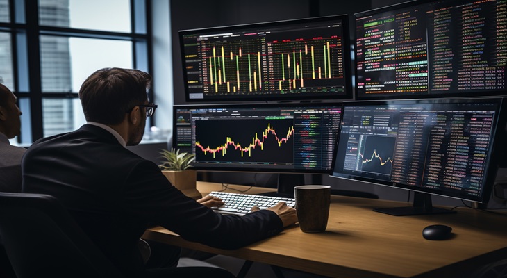 Analisti finanziari davanti a monitor con dati e grafici in tempo reale