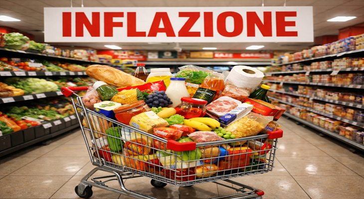 Carrello della spesa in un supermercato con etichette dei prezzi